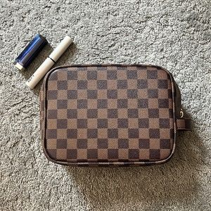 Brown Checkered Cosmetic Bag